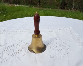 French vintage brass service bell and wooden handle,cantique bell, table brass bell,desk bell