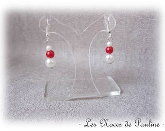 Earrings red and white 3 pearls b