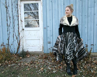 Fur Collar Upcycled Sweater Coat// Medium// Black and White// emmevielle