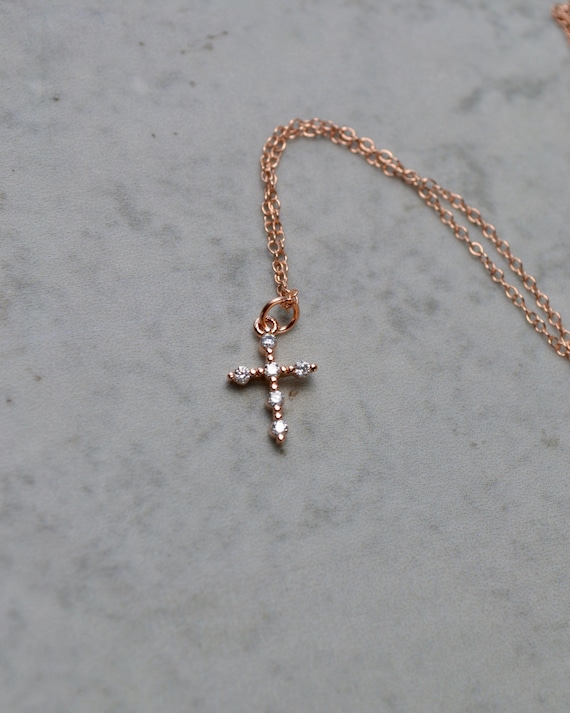 Rose Gold Cross Necklace Dainty Cross Necklace Rose Gold