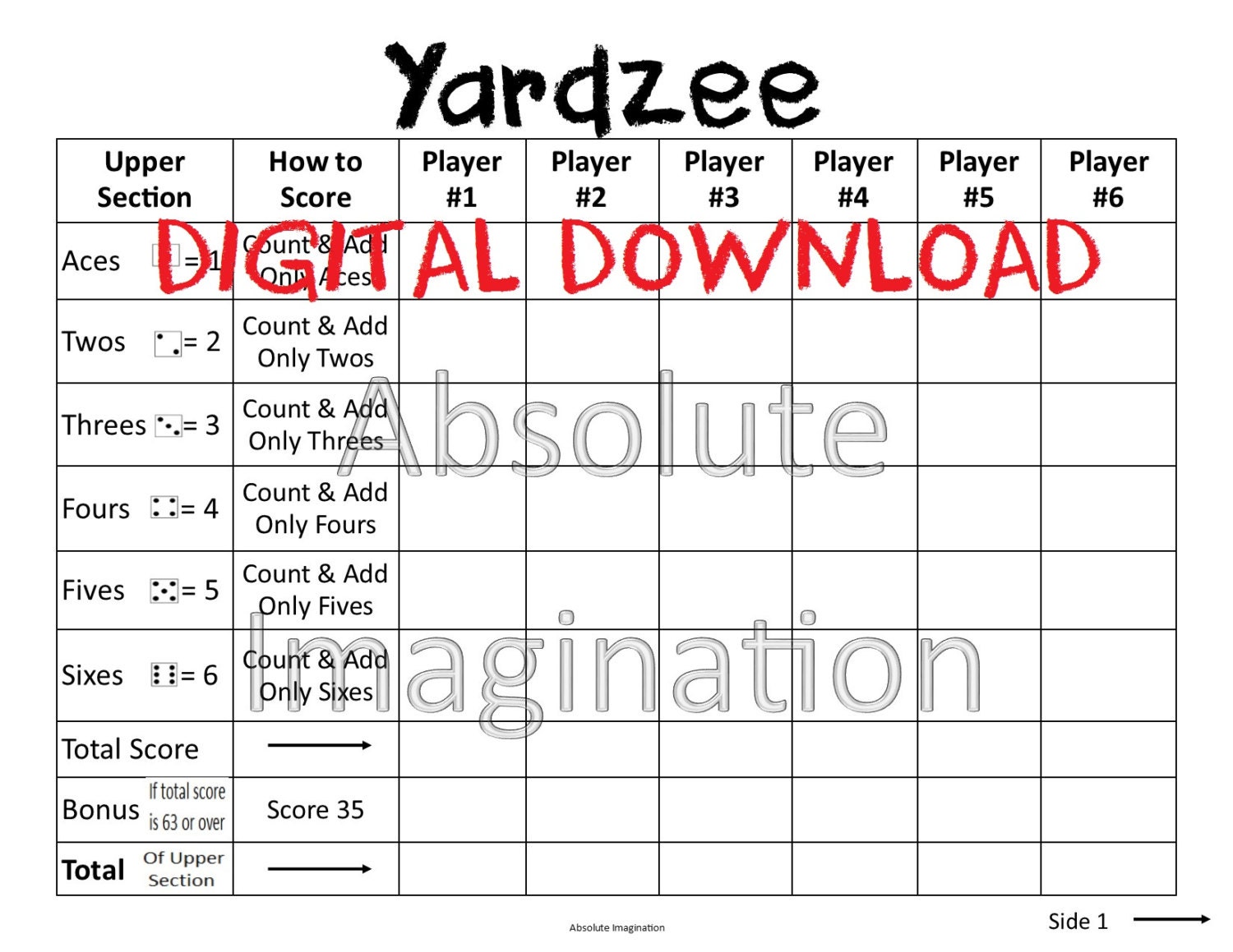 printable large print yardzee score card yardzee board