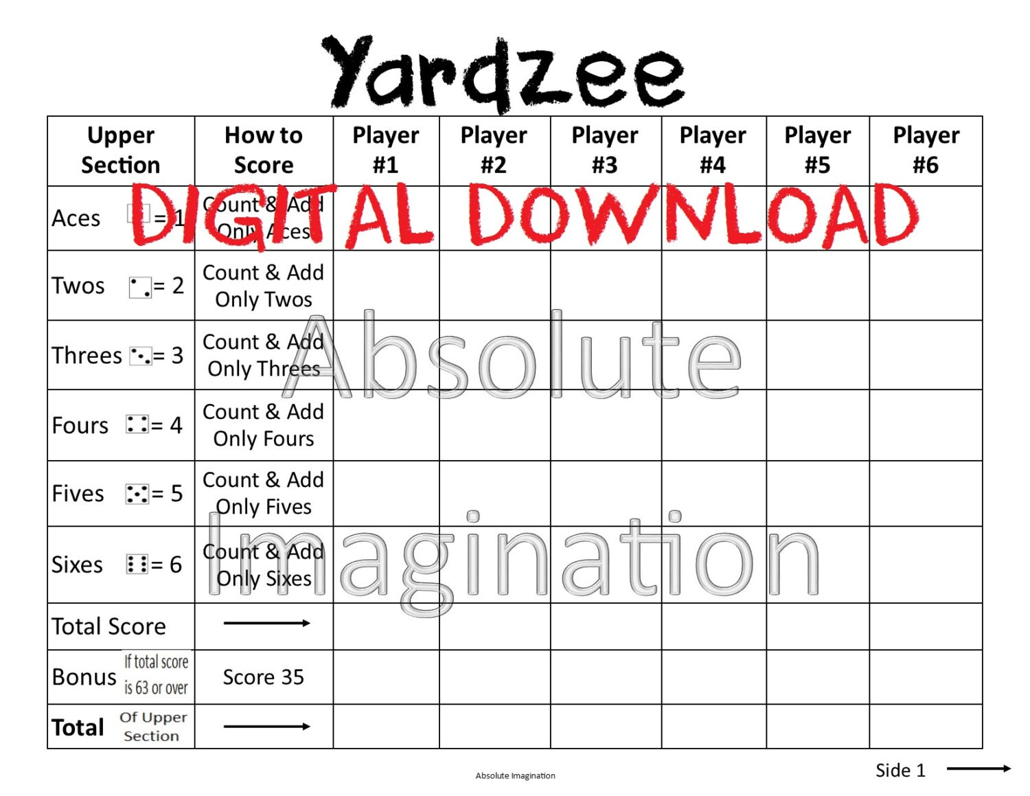 PRINTABLE LARGE PRINT Yardzee Score Card Yardzee Board 