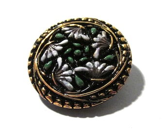 Czech Glass Button Flowers Botanical 27mm VINTAGE Czech Button Black Gold Luster Hand Painted Czech Glass Button Jewelry Supply (N75)