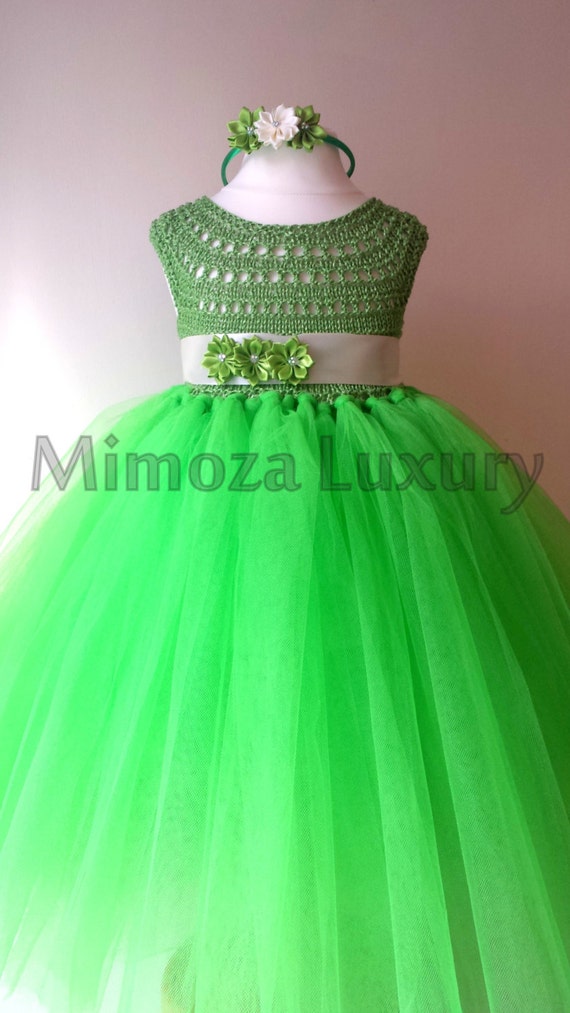 Green Fairy Flower girl dress, apple green tutu dress, bridesmaid dress, tinkerbell princess dress, crochet top tulle dress, yarn tutu dress