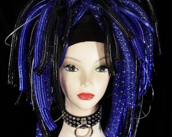 Midnight Blues metallic Cyberlox hair falls clubbing rave cyber goth gogo dance club wear edc raver -Ready to Ship- Sisters of the Moon