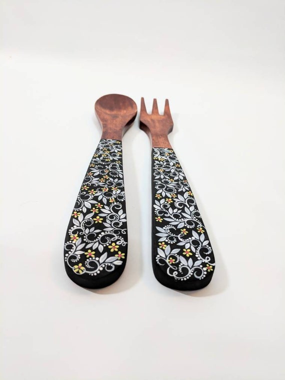 Hand Painted Wooden Serving set: flowers and vines Wooden serving set wooden spoon and fork Salad servers