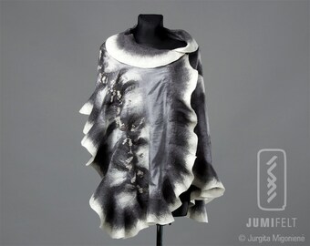 Felt Scarf - Wavy ruffled Shawl - Shiny Grey and White - Handmade wool and silk