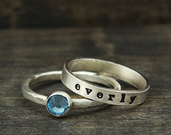 name and birthstone stacking ring set
