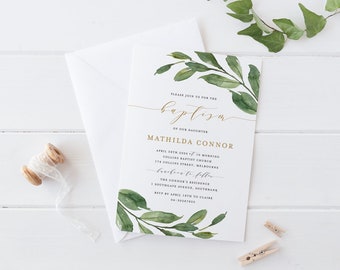 Printable Baptism Baby Invitation Card, Printable Christening Baby Invitation Card, Simple Greenery Leaves Foliage Botanical Baptism