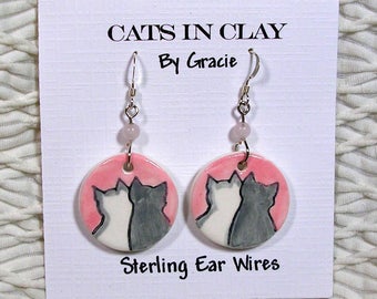 Love Cat Earrings Clay Handmade Round French Wire With Black Stone Bead by GMS