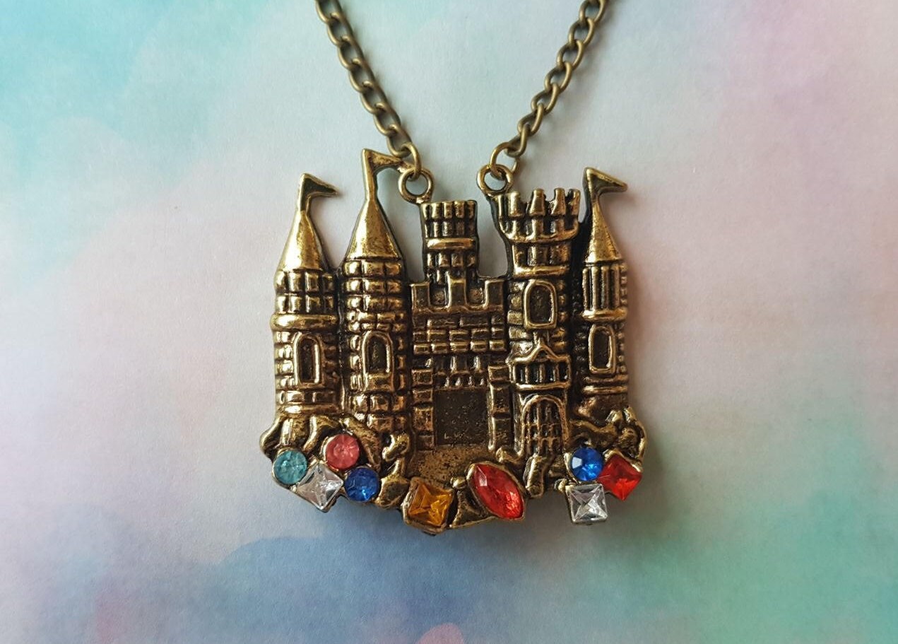 Bronze Castle Statement Necklace With Gems / Vintage Antique