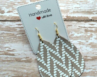 Taupe Brown White Chevron Teardrop Drop Earrings