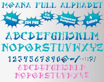 Moana Full Alphabet, Numbers and Symbols | 284 PNG | 300 dpi | Transparent Background | 4 Version Colors | Moana Birthday Party