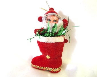 Vintage Plastic Christmas Ornament, Flocked Waving Santa Claus in Boot Christmas Ornament