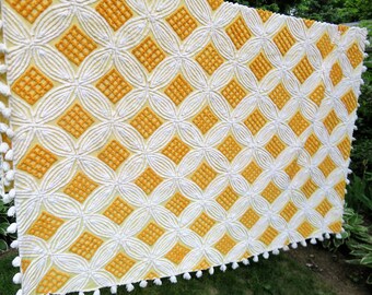 Fantastic 50s Vintage Golden Sunrise Yellow and White Wedding Rings on a Lemon Bkgd Chenille Bedspread with thick pom pom tassels