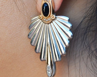 Erté Onyx Silver and Gold Earrings - Erte Earrings - Diamond 1920s Earrings - Vintage Diamond Earrings With Onyx - Vintage Art Deco Earrings