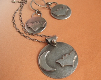 Sterling Silver Bat Earrings, Sterling Silver Bat Necklace, Bat Jewelry Set, Nature Jewelry, Halloween Jewelry, Halloween Earrings, Necklace