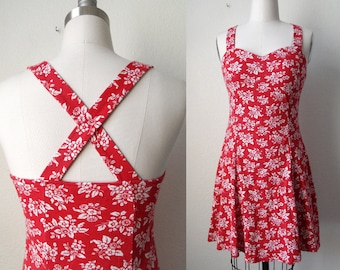 90s Grunge Red Floral Print Skater Dress with Sweetheart Neckline Boho Pinup size Small