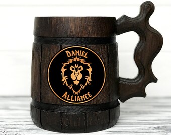 Alliance Mug. World Of Warcraft Mug. Alliance Gift. WOW Gift. Gamer Gift. World Of Warcraft Gifts Custom Beer Steins Wooden Beer Tankard #68