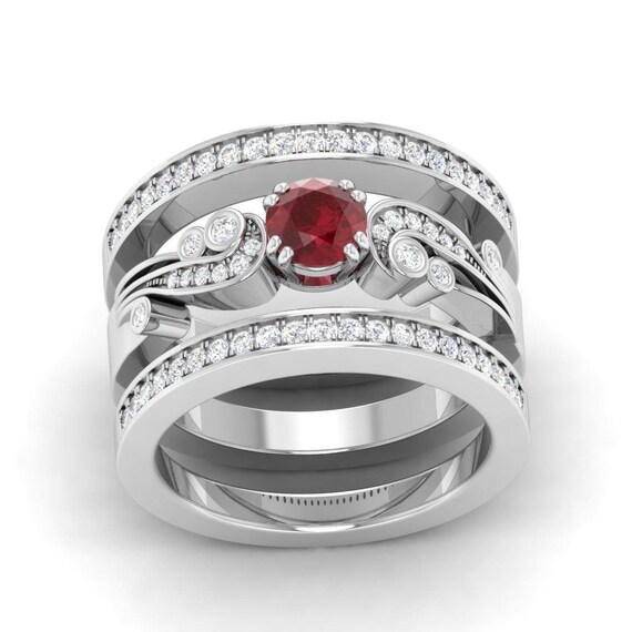 Ruby Engagement Ring 3 pc Natural Ruby Ring Bridal Ring Set