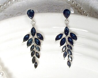 Art Deco Sapphire Rhinestone Earrings, Navy Blue Crystal Leaf Bridal Chandelier Earrings, Silver Flapper Dangle Vintage Wedding Jewelry
