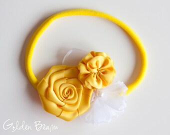 Yellow Flower Girl Headband - Three Yellow and White Flowers Bouquet Handmade Headband