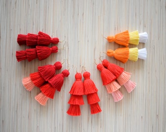 25 Colors - Ombre Red Tassel Earrings Layered Tassel Earrings Burgundy Tiered Tassel Earrings 3 Tiers Tassels Fringe Statement Earrings