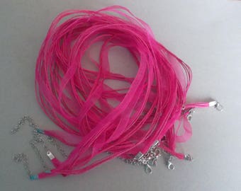 x 10 fuchsia 43 cm waxed cotton thread and organza Ribbon necklaces