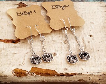 Rose Earrings, Flower Dangle Earrings, Silver Earrings, Bridal Earrings, Long Earrings, Romantic Jewelry, Flower Jewelry, Women's Gift