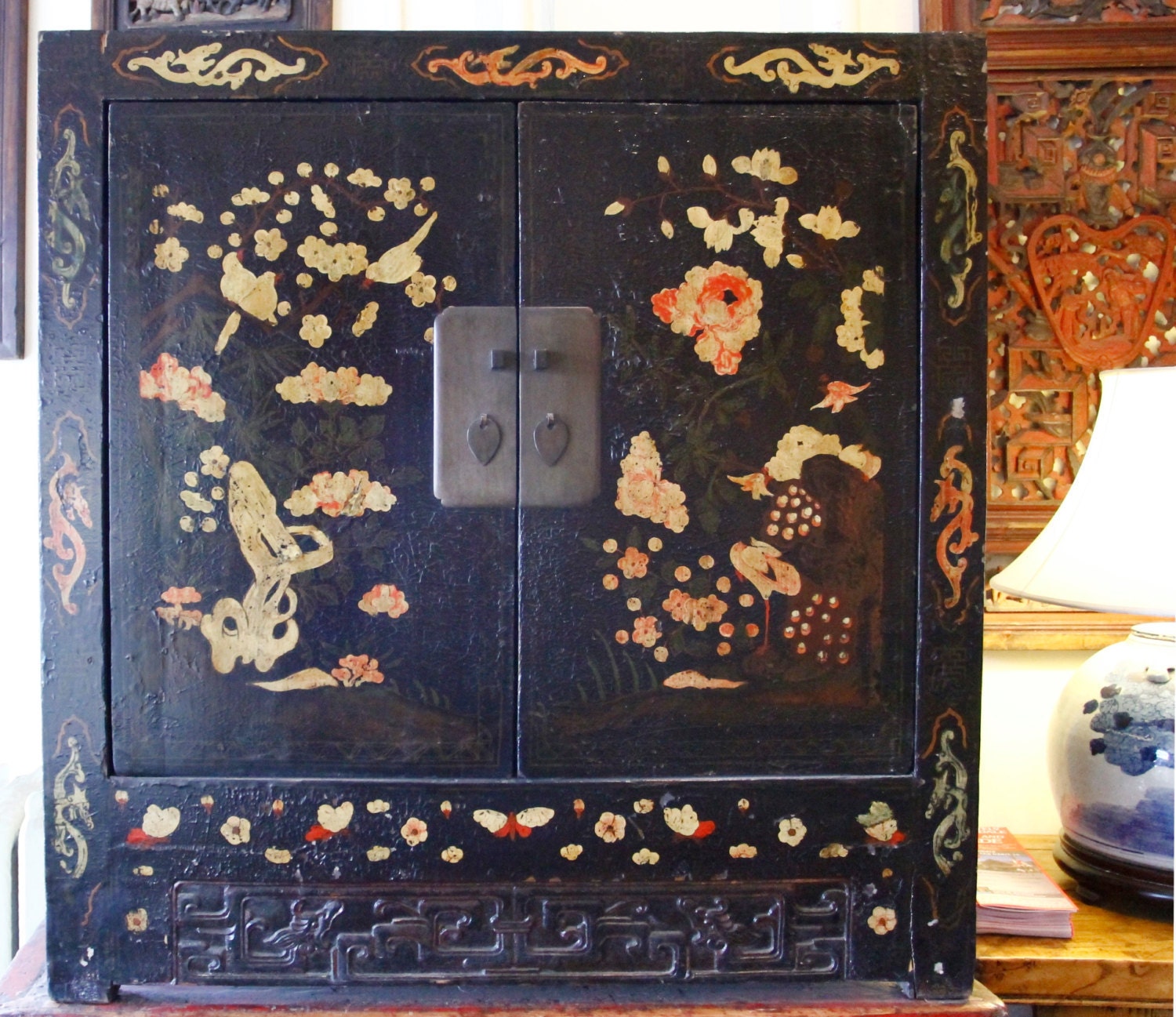Antique Black Lacquer Cabinet With Motif Strange Imports 🔎zoom - Antique Black Lacquer Cabinet With Motif Strange Imports
