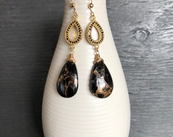 Onyx and bronze earrings with gold vermeil and black CZ