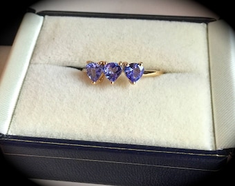Tanzanite Trilogy Ring 9ct Yellow Gold Size P 1/2 (US 8) "Certified AA" - Beautiful Colour!