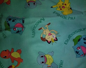 Pokemon Mint Green Teal Pikachu, Squirtle, Meowth, Charmander, Character Name Cotton 1 Yard Fabric