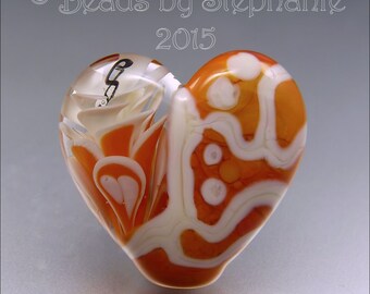 CORAL & ORANGE Heart Glass Bead Lampwork Pendant Focal Handmade Jewelry Supplies - by Stephanie Gough sra fhfteam leteam