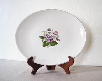 Edwin Knowles Wood Violets Oval Serving Platter 13” Gold Rim Floral Purple Flowers