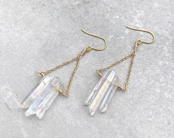 Aura quartz earrings, Crystal quartz earrings, Raw crystal earrings, Bridesmaid earrings, Wife jewelry gift for her