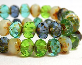 8x6mm Mixed Colors Czech Beads, Green Beads, Blue Beads, Mixed Beads, Green Glass Beads, Rondell Beads, Colorful Beads, Faceted Beads T-73C