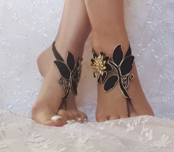 Black gold beach shoes, Unique design, lariat sandals, wedding bridal, bellydance, gothic, wedding shoes, summer wear, gothic bridal sandals