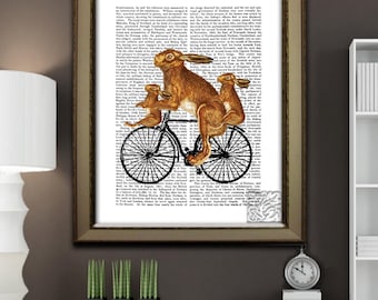 Rabbit Tandem Bike Art Print with Baby Rabbits Wall hanging dictionary Art Print