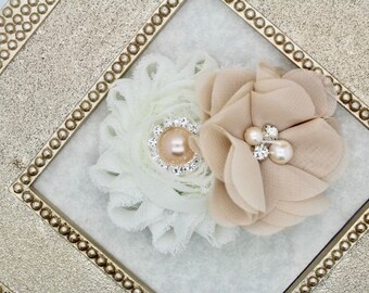 Ivory Flower girl hair clip champagne hair clip champagne bridal hair piece champagne headband toddler flower girl hair bow gold hair bows