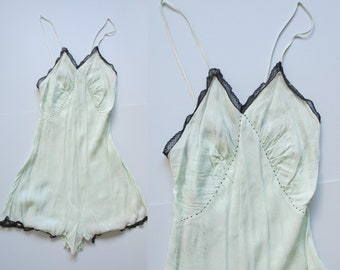 HUGE SALE 30s Vintage Mint Green Silk Crepe Teddie with Black Lace