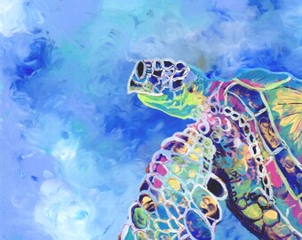 Sea Turtle Painting, Original Reverse Acrylic Art, Hawaiian Honu, Whimsical Ocean Art, Hawaii Art, Green Sea Turtle, Kids Decor, Animal Art