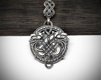 Celtic wolves pendant, Silver plated brass jewelry, Viking necklaces, Modern norse jewellery