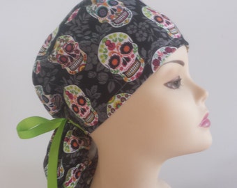 Surgical Cap ponytail stile-Sugar Skull/ Black Flower--cotton 100%