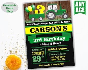 Tractor Fall Birthday Invite Tractor Fall Invitation Tractor Birthday Invite Pumpkin Patch Green Yellow Farm Boy Photo Photograph BDT11
