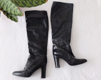 1970s Vintage black leather knee high high heel boots - Size UK 4 EU 36 - Summer Boho Bohemian Festival Seventies Glam Goth