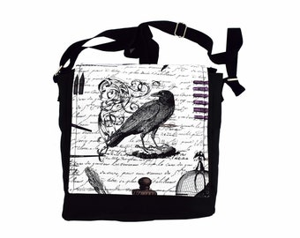 Edgar Allan Poe Handbag. The Raven themed messenger style shoulder bag. Perfect gift idea for lovers of the Gothic and classic literature.