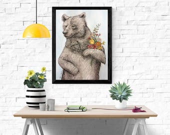 Bear Illustration/ Pen/ Flowers/ Watercolour/ Drawing