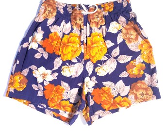 Vilebrequin VTG NOS swimming trunks, hawaiian style orange floral print over purple base
