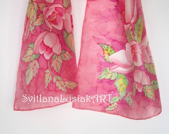 Blush silk scarf Floral scarf Spring scarf Blush pink scarf Magnolia Hand painted silk shawl light pink scarf Womens silk scarf Lightweight